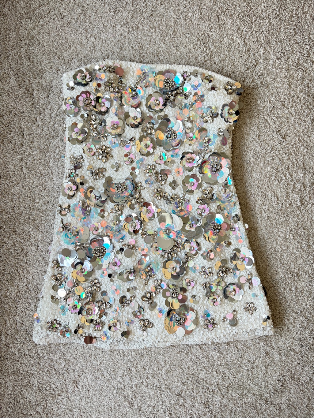 Love Shack Fancy Ivory Strapless Sequin Floral Mini Dress